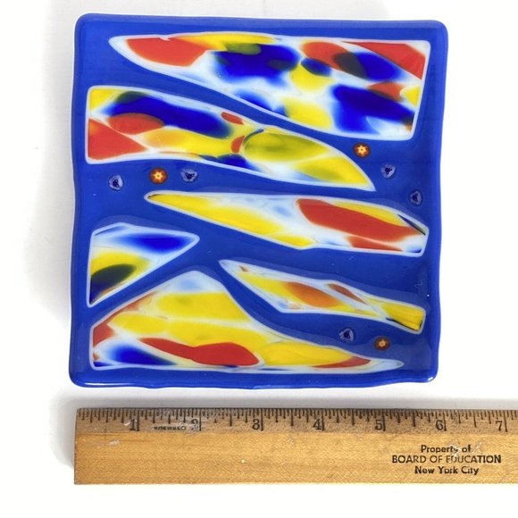Handmade Fused Art Glass Trinket Tray Ring Dish Catch All Red Yellow Blue 6x6 - Picture 12 of 12